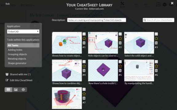 A screenshot of CheatSheet's library view, showing the steps in a tutorial for a 3D modeling application