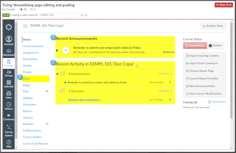 A screenshot of Customizer's Try It mode, showing a copy of the user's Canvas course with customized features highlighted