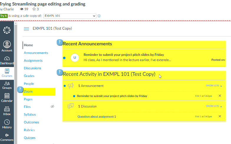 A decorative screenshot of Customizer's Try It mode, showing several highlighted customizations being explored by a user of the Canvas LMS