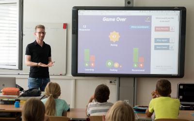 A decorative image of a teacher delivering a lesson via an educational game presented on an interactive whiteboard to a classroom full of students
